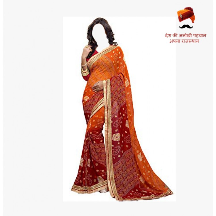 Sarika Women's Georgette Rajasthani Bandhani Zari Lace Work Saree With Blouse