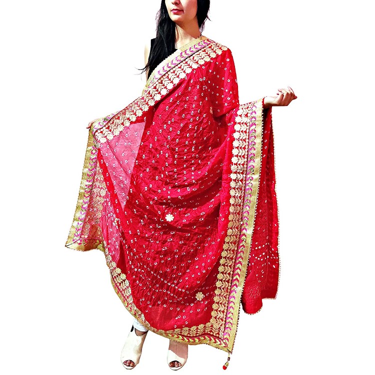 Maya Son's Dresses Jaipuri Rajasthani Women's Silk Bandhani Bandhej Heavy Dupatta with Heavy Gota Patti Work (Red) (Size_2.25)