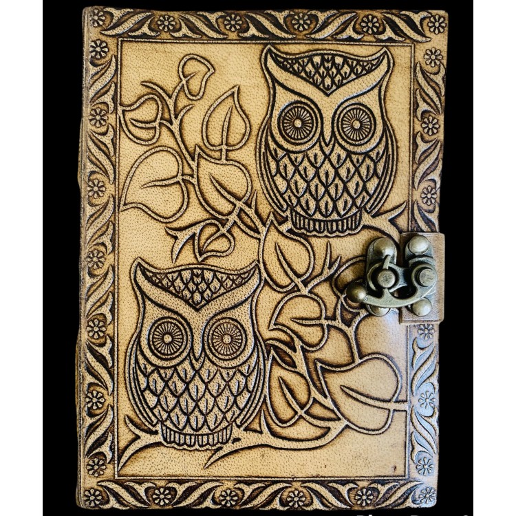 Leathercraft Stuff - Handcrafted Faux Leather Journal Diary with Embossed Design of Owl/Antique Diary with Vintage Lock/Personal Organizer, Diary for Men & Women/200 Unruled Pages (18x13x3 cm, Brown)